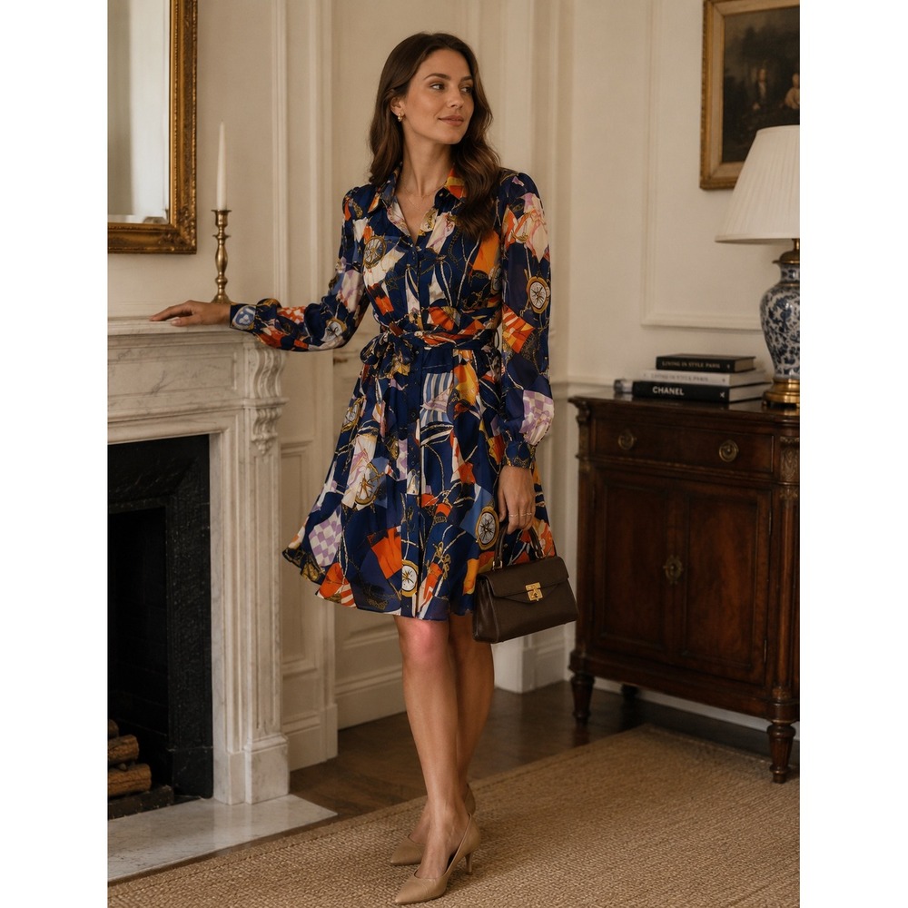 Maeve Anthropologie Nautical Swiss Dot Shirt Dress Navy Orange Preppy XSP